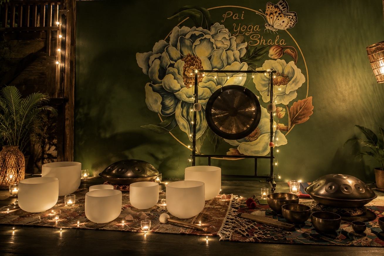A handpan, crystal singing bowls, and other sound-healing instruments arranged for a meditation session at Pai Yoga Shala.