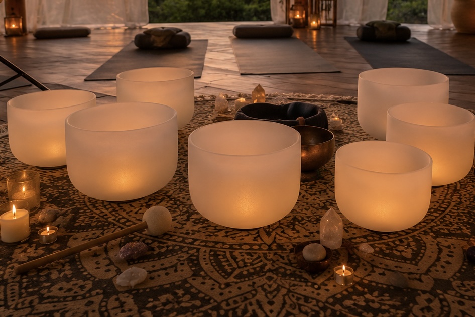 Participants enjoying a gentle yoga session and crystal bowl sound bath at Blue Stone Yoga & Retreat.