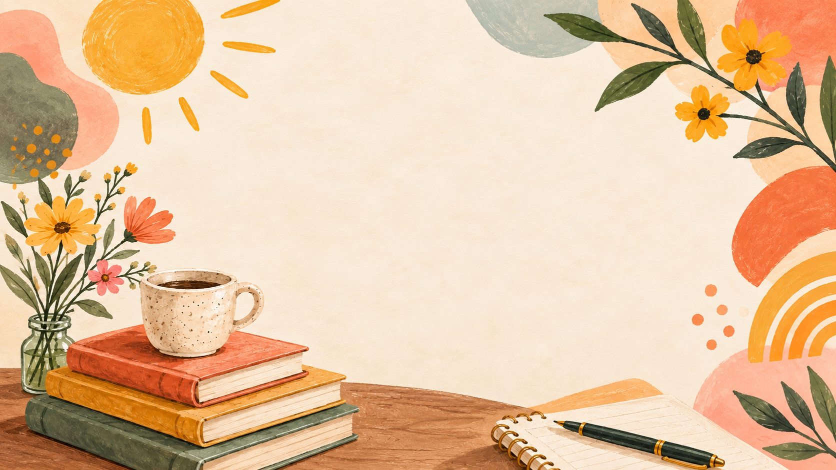 Illustration of books, coffee and writing materials