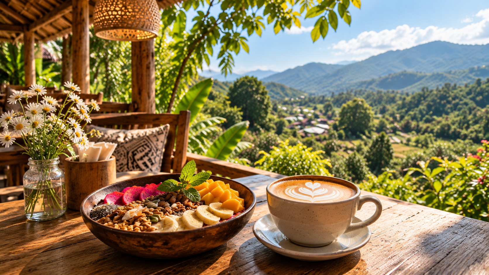 Breakfast bowl and coffee overlooking the mountains in Pai