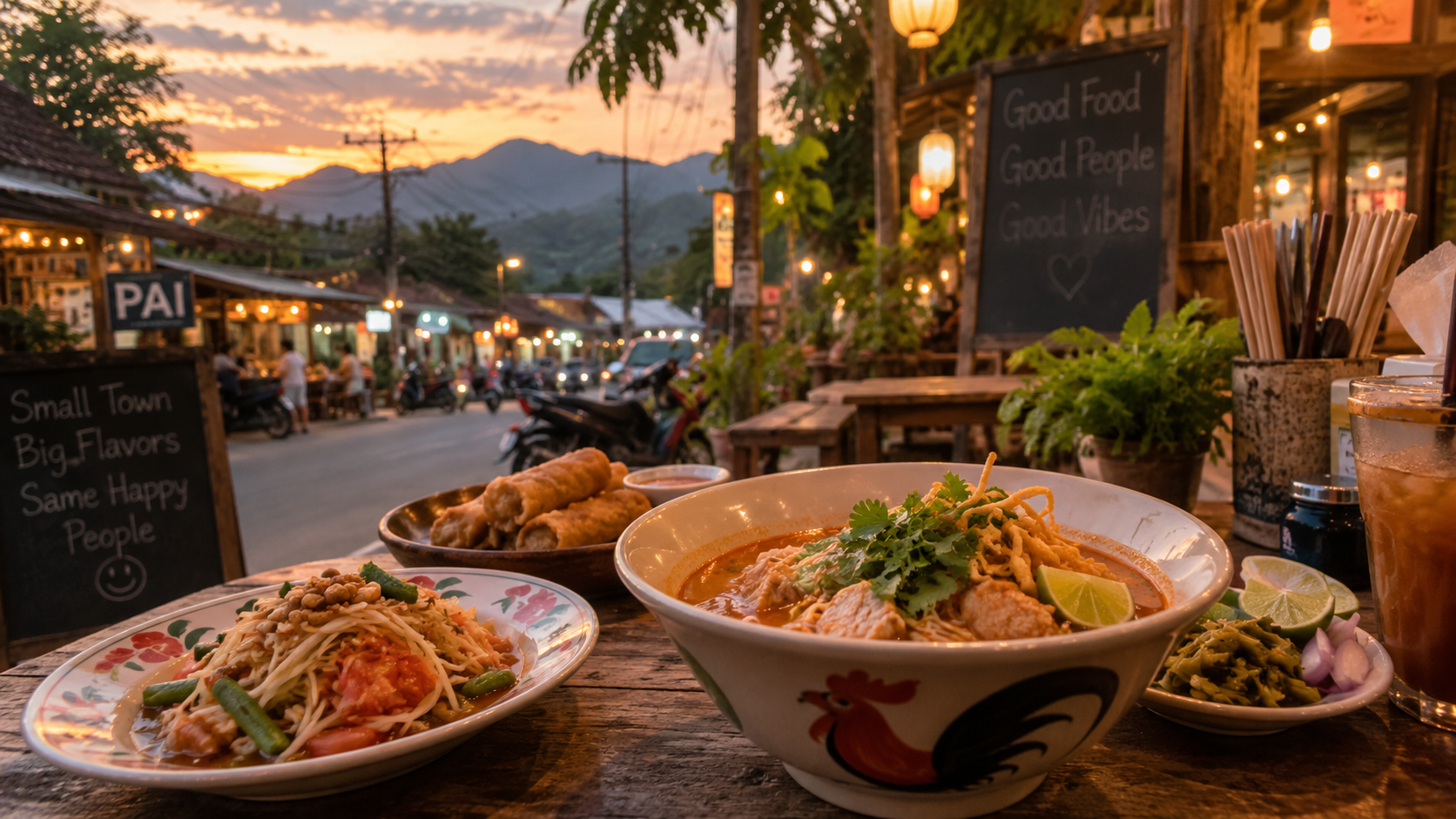 Thai food served on a table along a Pai street at sunset