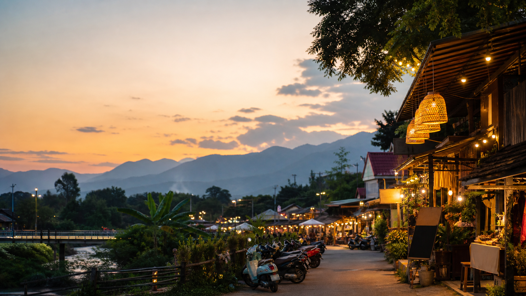 Pai evening street with mountains, warm venue lights, and scooters