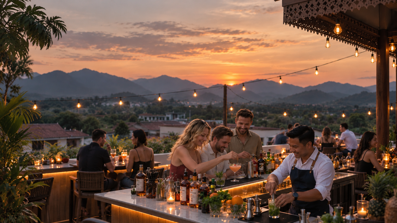 Cocktail-making workshop at a Pai rooftop bar at sunset